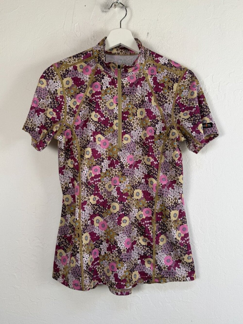 Kerrits Ice Fil Short Sleeve Riding Shirt Medium Purple Floral Equestrian Zip